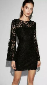 Express Womens 2 Black Floral Lace‎ Bell Sleeve Open Back Mini Dress Photo 0