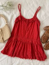 Free People Intimately Boho Red Mini Dress Raw Hem Ruffle‎ Festival Fairycore M Photo 0