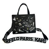 Karl Lagerfeld Paris Black Leather Graffiti Tote Bag‎ Crossbody Strap Photo 0