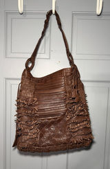 Bohemian leather Textured Fringe Shoulder Bag in Brown Photo 0