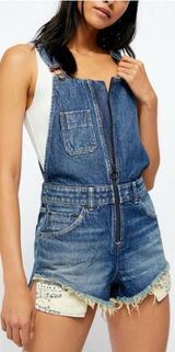 Free People Sunkissed Denim‎ Short Overalls Zip Front Jean Shortalls NEW Size 2 Photo 0