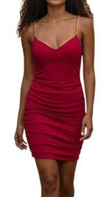 PRETTYLITTLETHING Hot Pink Ruched Bodycon‎ Mini Dress Gold Chain Straps NWT 6 Photo 0