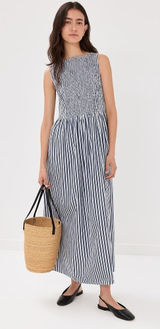 Hill House Home The Larissa Nap Dress Navy Blue White Striped Smocked Midi Photo 0