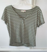 Pink Republic Striped Henley Ribbed Crop Tee – Sage Green & White Photo 0