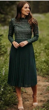 Ivy City Co Dark Green Lace Bodice Pleated Midi Dress Photo 0
