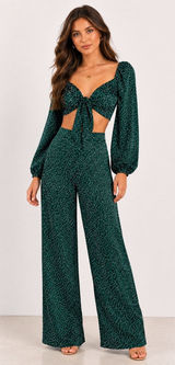 NWT Nasty Gal Green Polka Dot Satin Two Piece Set Crop Top & Wide Leg Pants Photo 0