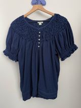 Sundance Large Peplum Short Sleeve Tee Navy Blue Relaxed Cottage Prairie Photo 0