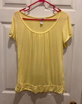 H&M‎ Yellow Scoop Neck Short Sleeve Top Pom Pom Trim Gathered Bust Large Photo 0