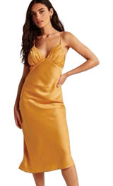 Abercrombie & Fitch Satin Midi Slip Dress Mustard Gold Bias Cut Ruched Bust XS Photo 0