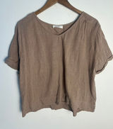 Zenana Wm XL Brown Crop Cotton Gauze V-Neck Cuffed Short Sleeve Top Minimalist Photo 0