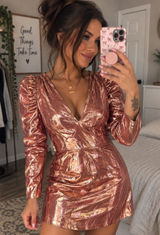 Little Moon Metallic Rose Gold Long Sleeve Mini Dress Photo 0