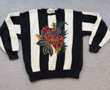 Vintage 90s Perry Ellis Hand Knit Floral Striped Cotton Sweater Black Cream L Photo 0