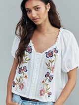 Anthropologie Embroidered Puff Sleeve Swing Floral Blouse Boho Cotton Top Size M Photo 0