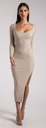 ✨Meshki Taupe Tan Cali Long Sleeve Ribbed High Slit Midi Sz Large Dress✨ Photo 0