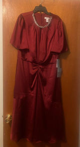 London Times Burgundy Satin Size 16 Midi Dress with Neck Jewels Photo 0