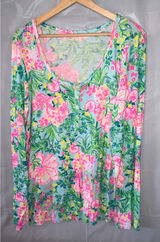 Lilly Pulitzer XL Henley Top Long Sleeve Tropical Floral Citrus Print Blue Pink Photo 0