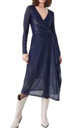 & Other Stories Sheer Metallic Long Sleeve Midi Wrap Dress Navy Blue Size 2 Photo 0