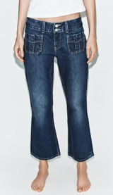 Zara Low Rise Patch Pocket Dark Wash Denim Flare Jeans Blue 0 Photo 0