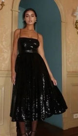 WeWoreWhat Black Sequin Midi Dress with Faux‎ Leather Waistband - Size 4 Photo 0