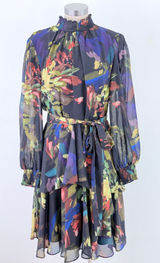 Alex Marie Floral Chiffon Smocked Mock Neck Sheer Sleeve Dress Navy 8 Photo 0