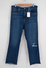 Good American Good Straight Jeans Womens 18 Blue Distressed Knee Raw Hem Med Was Photo 0