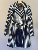 Express Women's S Blue White Striped Pleated Back Trench Coat Size Small Preppy‎ Photo 0