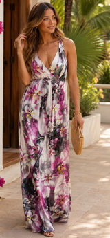Doki Geki Watercolor Floral Maxi Dress Purple Racerback Empire Waist Resort, S Photo 0