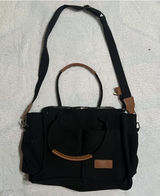ZHMO Black Canvas Tote Bag with Brown Trim and Crossbody Strap Photo 0