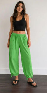 B'Gauze Women's Green Cotton Gauze Harem Pants L/XL NWT Boho Ankle Tie Pocket Photo 0
