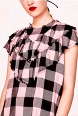 Zara Ruffle Top Women‎ XS Pink Black Buffalo Plaid Frayed Gingham Punk Grunge Photo 0