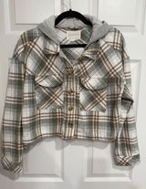 Aeropostale Plaid Cropped Flannel Hooded Shacket Green Brown Large Photo 0