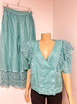 LERMAJ Vintage Teal Linen Blend Two Piece Set Lace Wrap Top Wide Leg Pants M/L Photo 0