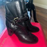 Kate spade Layne black leather chunky buckle stacked heel booties women size 8.5 Photo 0