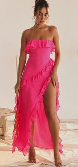 House of CB Sarina Ruffle Maxi Dress in Fuchsia Pink Size Small Photo 0