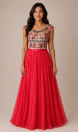 Sherri Hill Red Floral Embroidered Beaded Chiffon A-Line‎ Evening Gown Dress 10 Photo 0