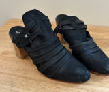 Free People Byron Black Leather Ladies Mules Strap Heel Shoes Size 38 7.5 Brown Photo 0