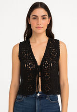 SUMMER AWAY Crochet Tie Front‎ Vest Top Black NWT Small Photo 0