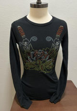 Y2K Roses Rhinestone Embellishment Black Long Sleeve Sz S Photo 0