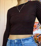 Red & Black Striped Long Sleeve Crop Top T Shirt Size Small Photo 0