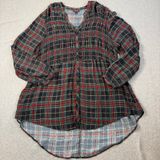 Torrid Womens Plus Size 2 (2X) Black Red Green Plaid Smocked Blouse Top High Low Photo 0