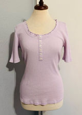 LOFT Women Lilac‎ Y2K Textured Waffle Scoopneck Pointelle Ruffle Henley Top Sz L Photo 0