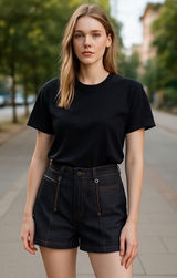 Unique Vintage Denim Shorts High Waist Stretch Black‎ w/ Pockets Size L Photo 0