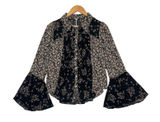 Free People Serena Top Womens Large Black Sheer Floral Bell Sleeve Boho Festival Photo 0