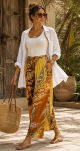 Haute Hippie Style Floral Paisley Print Wide Leg Pants Medium Wooden Bead Tie Photo 0