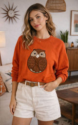 Vintage MCM M Medium Sweatshirt Owl Applique Raglan Pullover Orange Boho Kitschy Photo 0