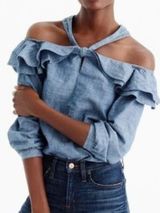 J. Crew Chambray Ruffle Off-Shoulder Top Blue Halter Neck Size 12 Women's Photo 0