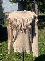 Rockin C Fringe Yoke Crewneck Sweater Beige Western Cowgirl Cozy Fall Photo 0