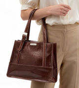 Liz Claiborne Tote Bag Women's Large Croc Embossed Brown Patent Faux Leather Photo 0