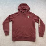 Carhartt Womens Relaxed Fit Hoodie Burgundy Sleeve Logo Sweatshirt 102791 S 4-6 Photo 0