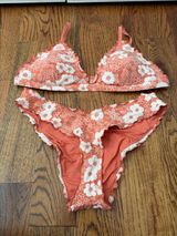 aerie Coral & White Floral Lace Bralette Bikini Set Top XL Bottom Large Photo 0